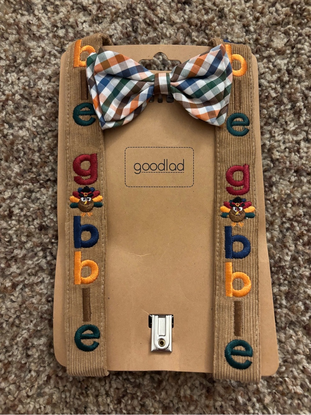 Good Lad Tan Suspenders with Multicolor Embroidered Letters and Plaid Bow Tie